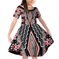 Red Aotearoa Tukutuku and Poutama Motif Family Matching Off Shoulder Short Dress and Hawaiian Shirt LT03 Daughter's Dress Red - Polynesian Pride
