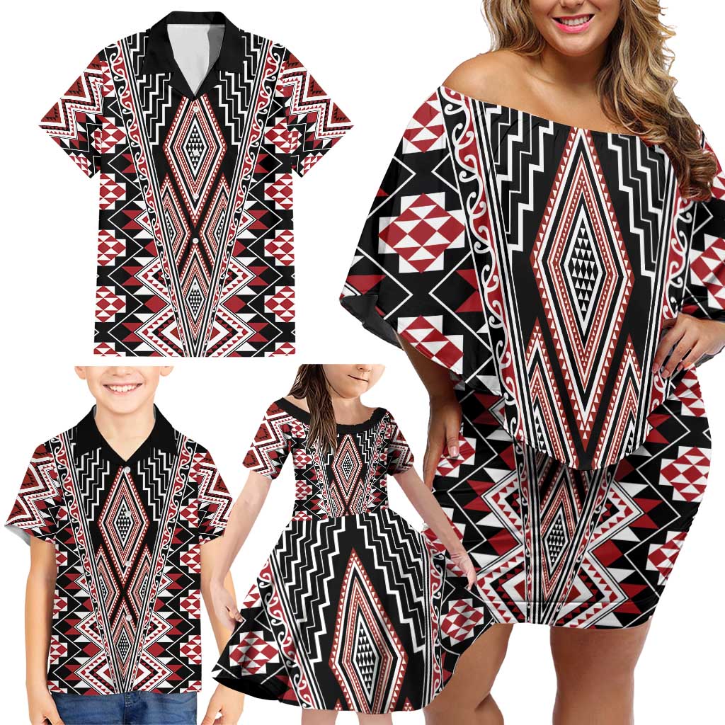 Red Aotearoa Tukutuku and Poutama Motif Family Matching Off Shoulder Short Dress and Hawaiian Shirt LT03 - Polynesian Pride