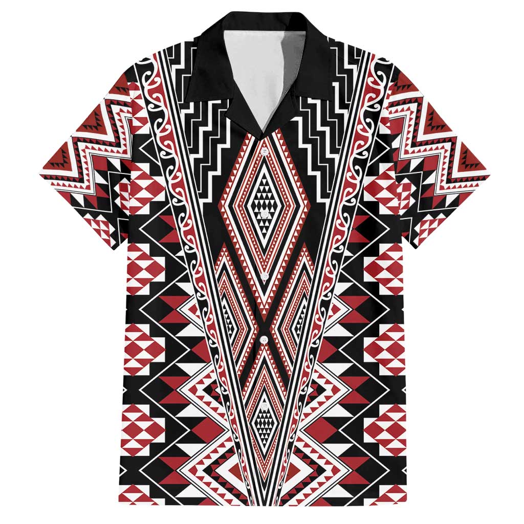 Red Aotearoa Tukutuku and Poutama Motif Family Matching Off Shoulder Short Dress and Hawaiian Shirt LT03 Dad's Shirt - Short Sleeve Red - Polynesian Pride