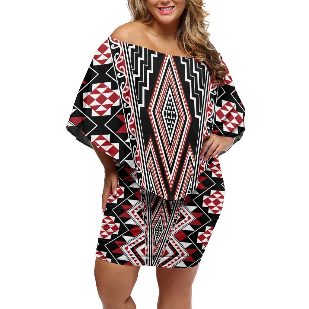 Red Aotearoa Tukutuku and Poutama Motif Family Matching Off Shoulder Short Dress and Hawaiian Shirt LT03 Mom's Dress Red - Polynesian Pride