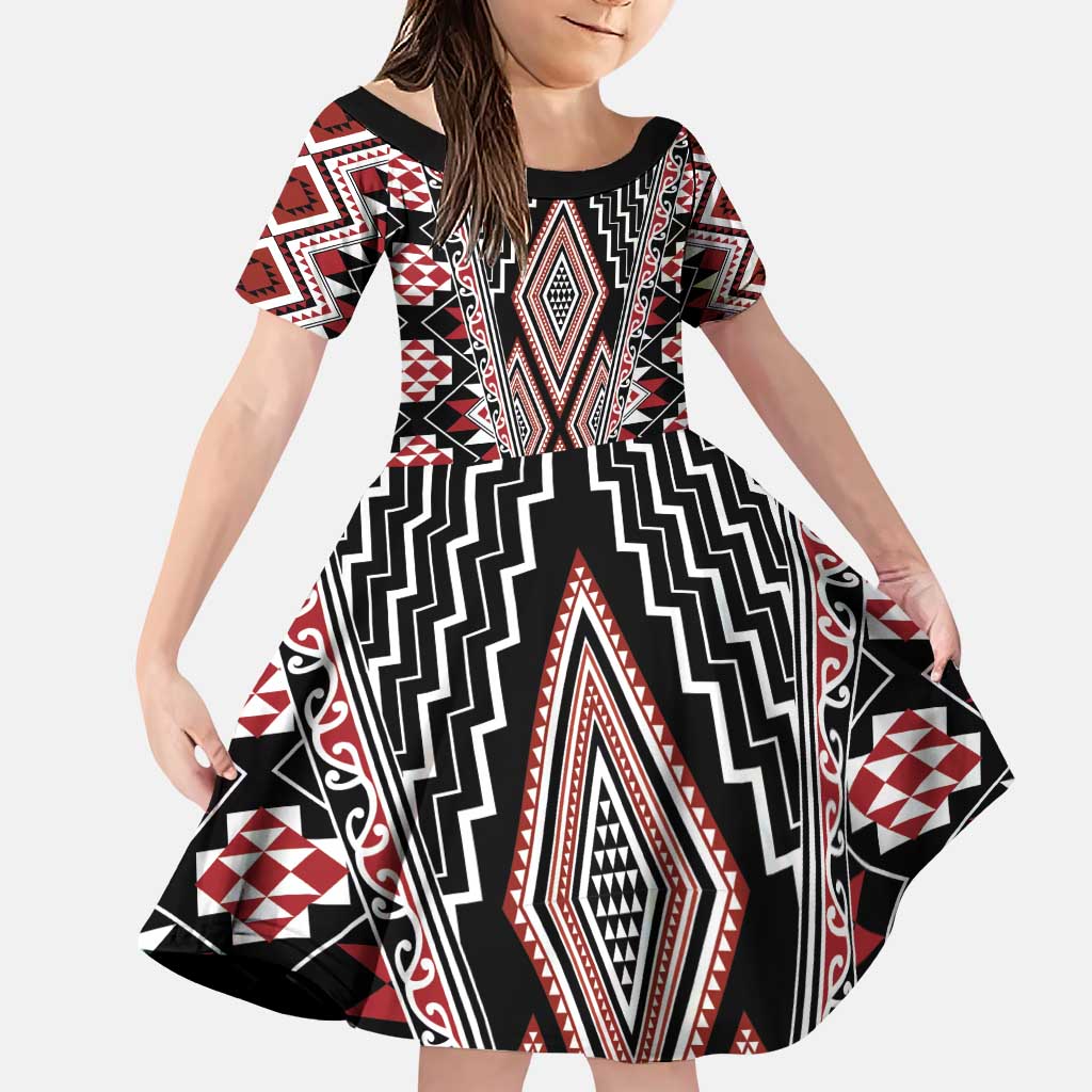 Red Aotearoa Tukutuku and Poutama Motif Family Matching Puletasi and Hawaiian Shirt
