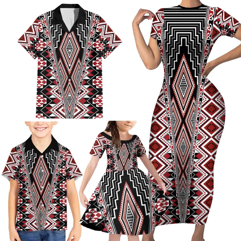 Red Aotearoa Tukutuku and Poutama Motif Family Matching Short Sleeve Bodycon Dress and Hawaiian Shirt LT03 - Polynesian Pride