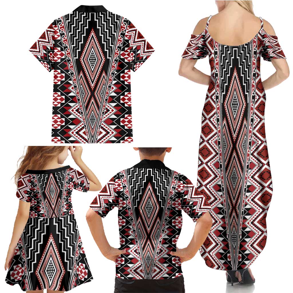 Red Aotearoa Tukutuku and Poutama Motif Family Matching Summer Maxi Dress and Hawaiian Shirt LT03 - Polynesian Pride