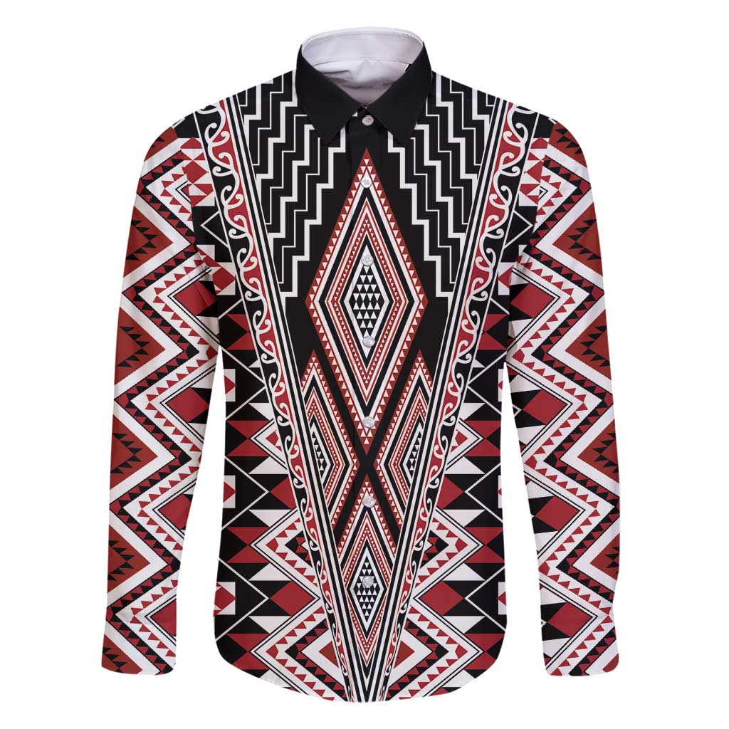 Red Aotearoa Tukutuku and Poutama Motif Family Matching Summer Maxi Dress and Hawaiian Shirt LT03 Dad's Shirt - Long Sleeve Red - Polynesian Pride