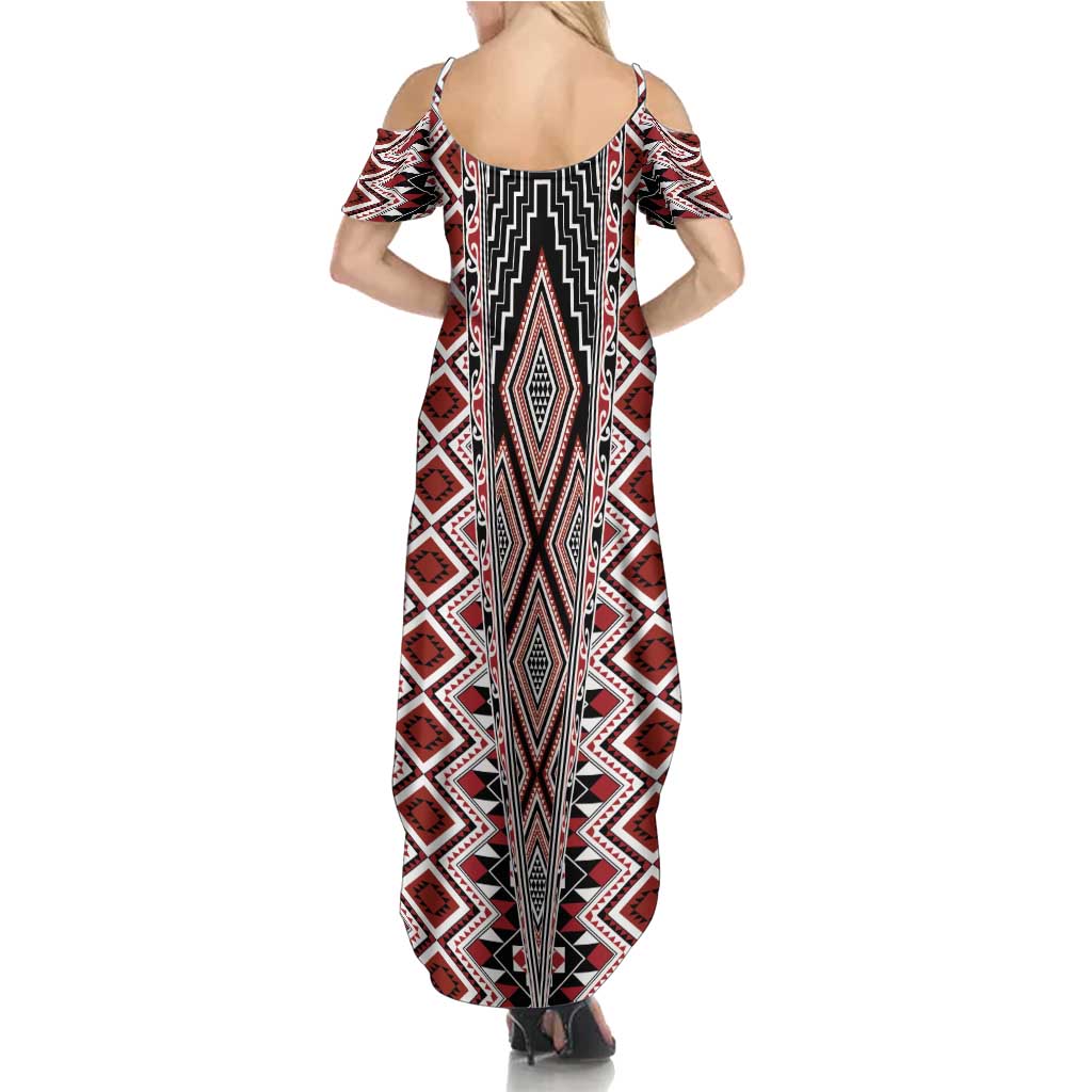 Red Aotearoa Tukutuku and Poutama Motif Family Matching Summer Maxi Dress and Hawaiian Shirt LT03 - Polynesian Pride