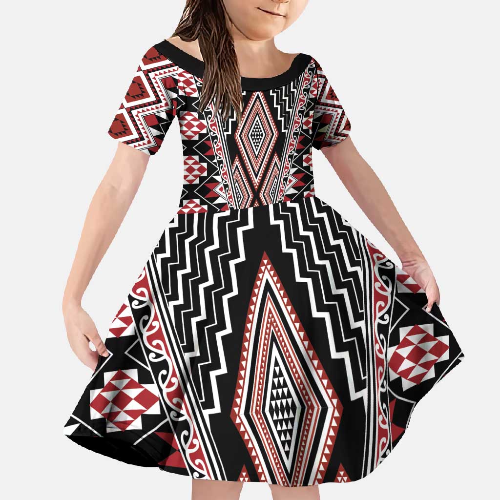 Red Aotearoa Tukutuku and Poutama Motif Family Matching Tank Maxi Dress and Hawaiian Shirt LT03 Daughter's Dress Red - Polynesian Pride