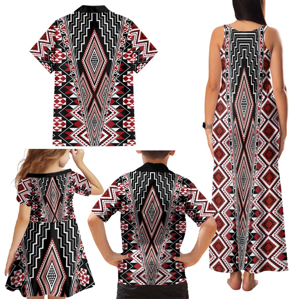 Red Aotearoa Tukutuku and Poutama Motif Family Matching Tank Maxi Dress and Hawaiian Shirt LT03 - Polynesian Pride