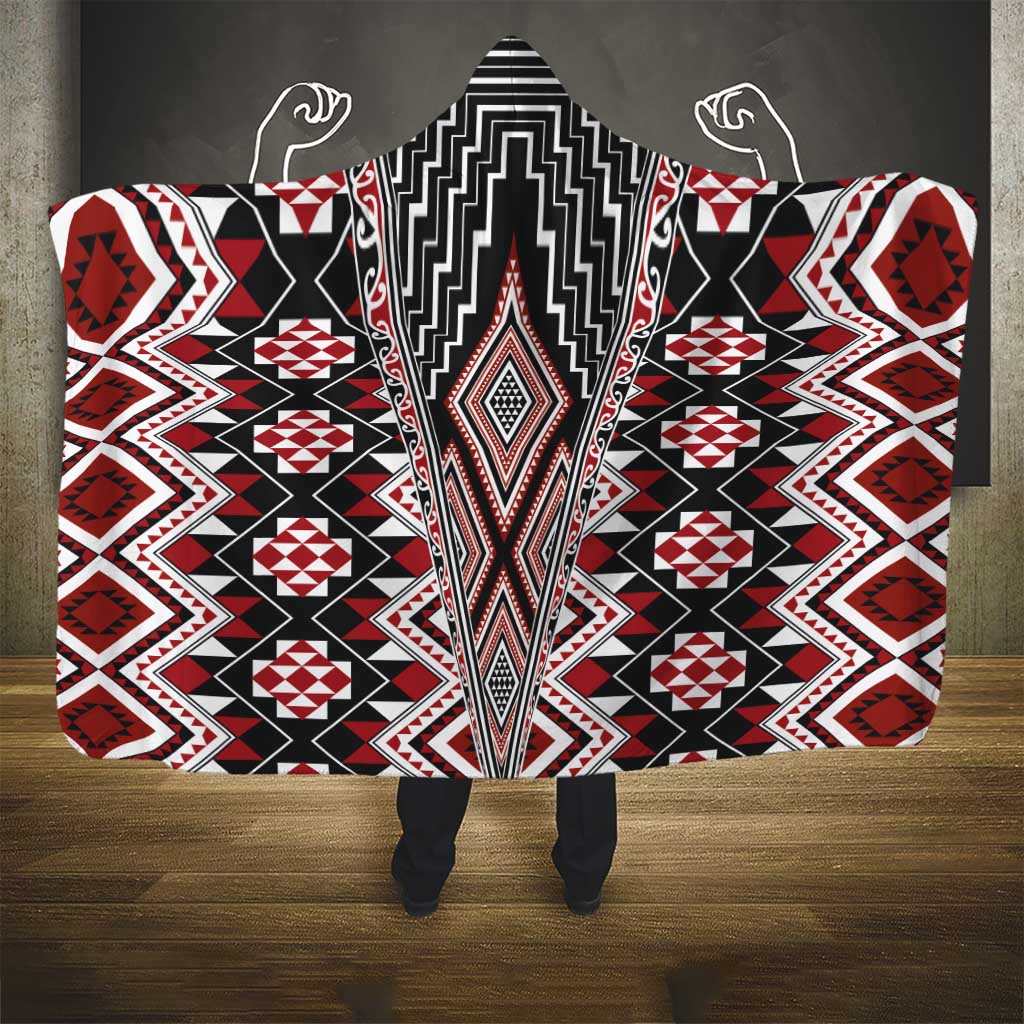 Red Aotearoa Tukutuku and Poutama Motif Hooded Blanket