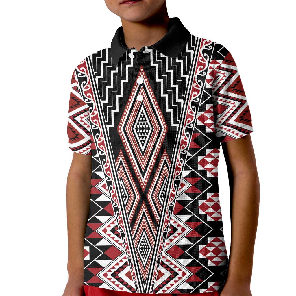 Red Aotearoa Tukutuku and Poutama Motif Kid Polo Shirt LT03 Kid Red - Polynesian Pride