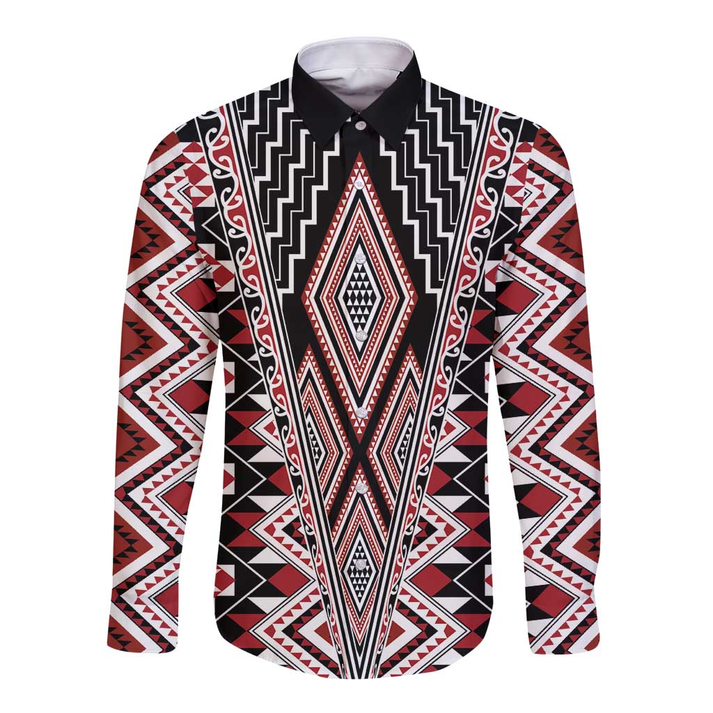 Red Aotearoa Tukutuku and Poutama Motif Long Sleeve Button Shirt LT03 Unisex Red - Polynesian Pride