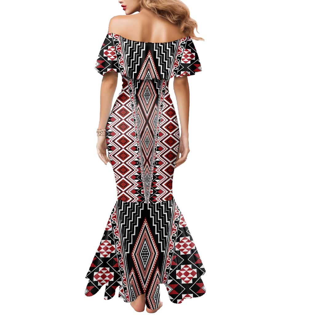 Red Aotearoa Tukutuku and Poutama Motif Mermaid Dress