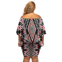 Red Aotearoa Tukutuku and Poutama Motif Off Shoulder Short Dress