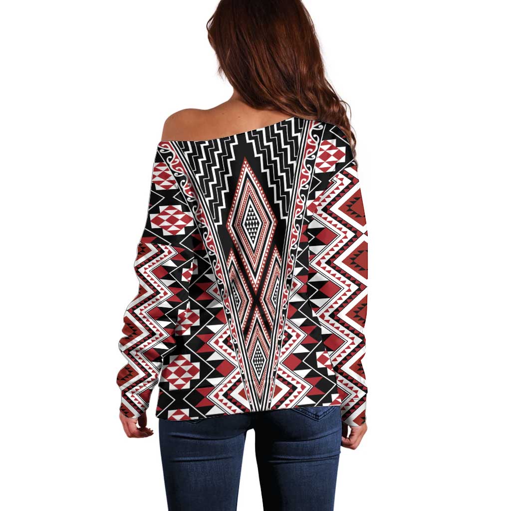 Red Aotearoa Tukutuku and Poutama Motif Off Shoulder Sweater LT03 - Polynesian Pride