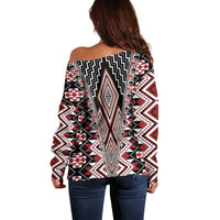 Red Aotearoa Tukutuku and Poutama Motif Off Shoulder Sweater LT03 - Polynesian Pride