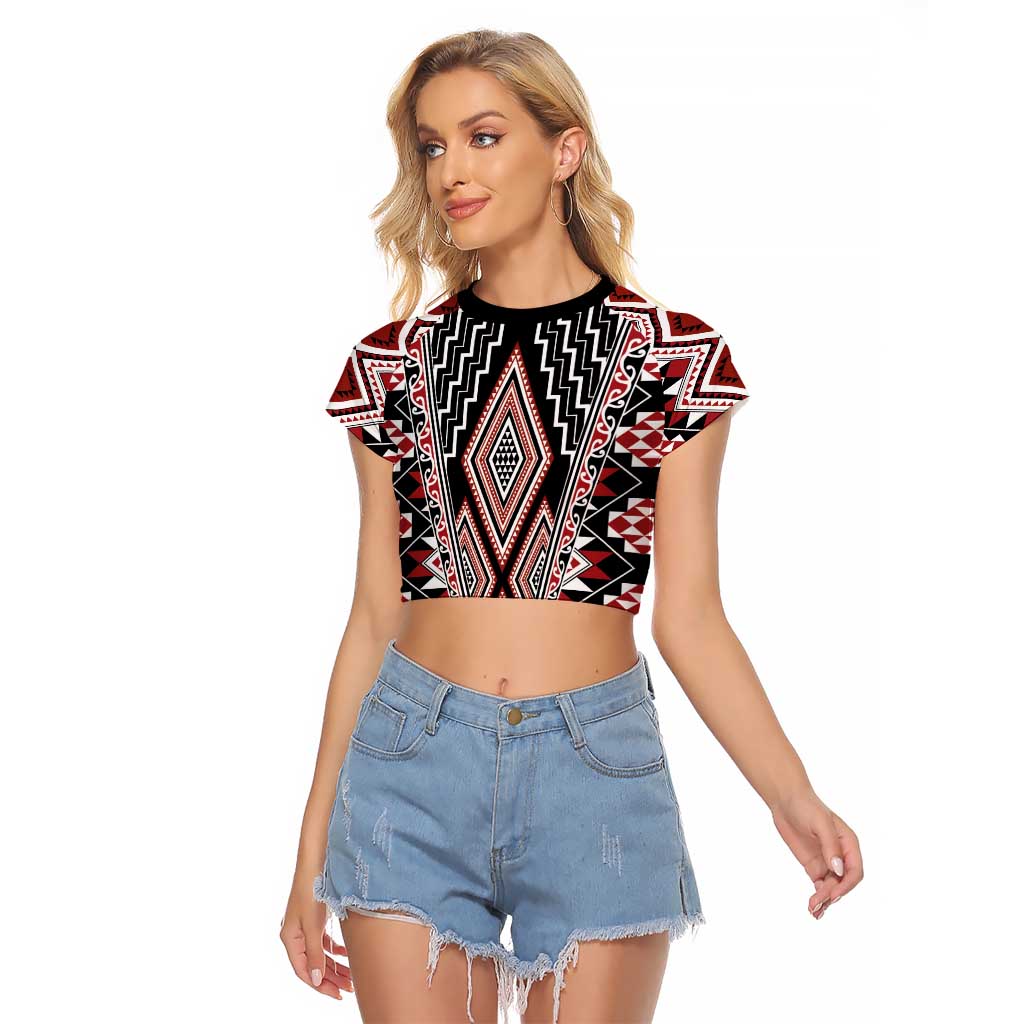 Red Aotearoa Tukutuku and Poutama Motif Raglan Cropped T Shirt LT03 Female Red - Polynesian Pride