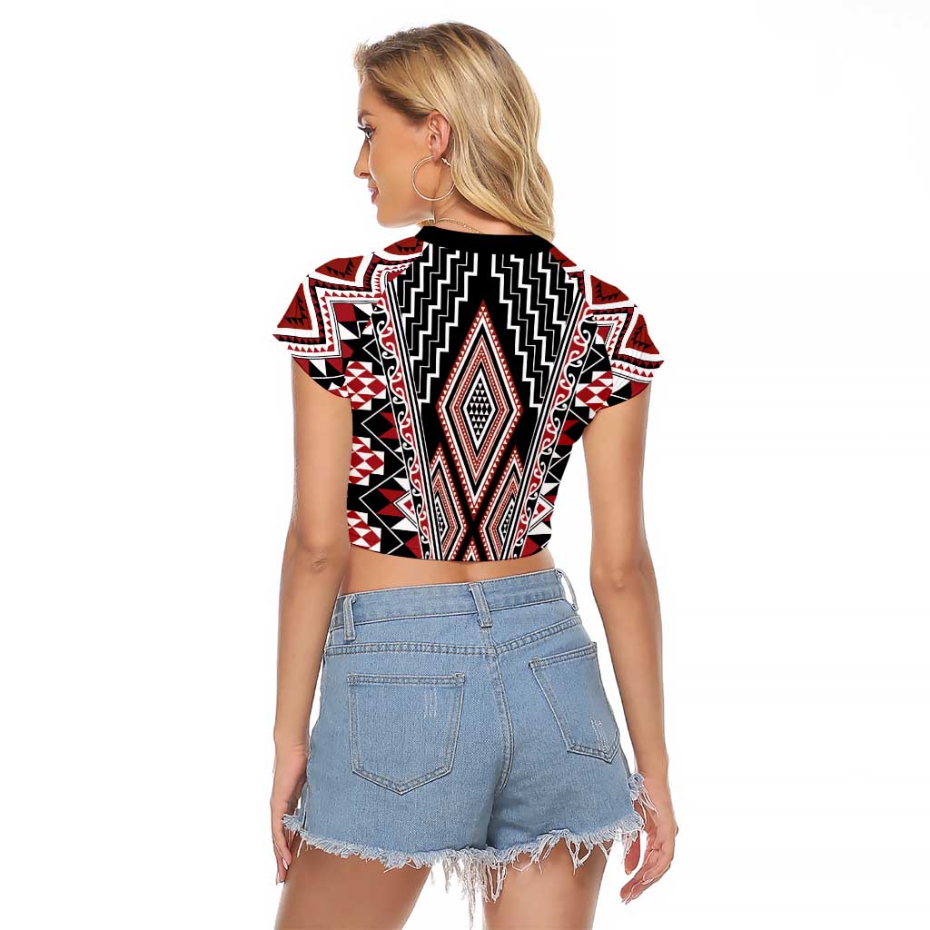Red Aotearoa Tukutuku and Poutama Motif Raglan Cropped T Shirt
