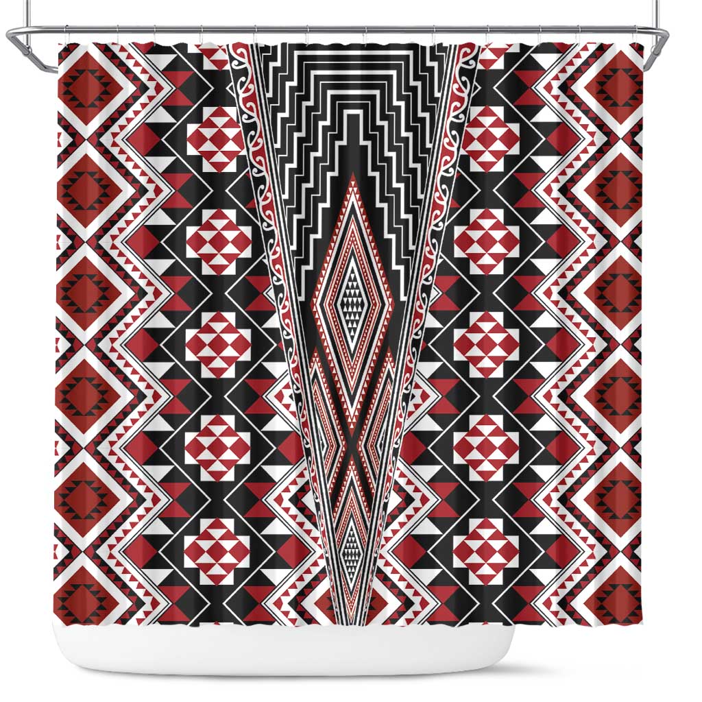 Red Aotearoa Tukutuku and Poutama Motif Shower Curtain
