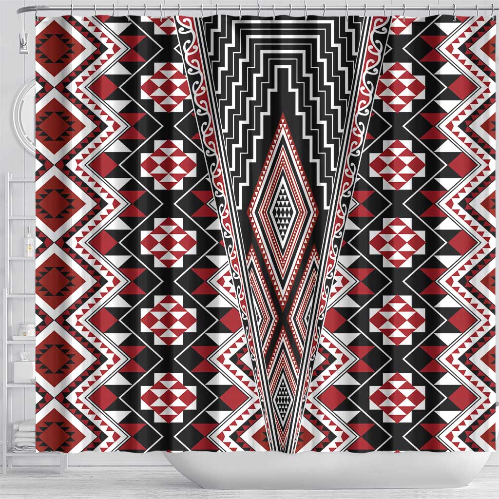 Red Aotearoa Tukutuku and Poutama Motif Shower Curtain