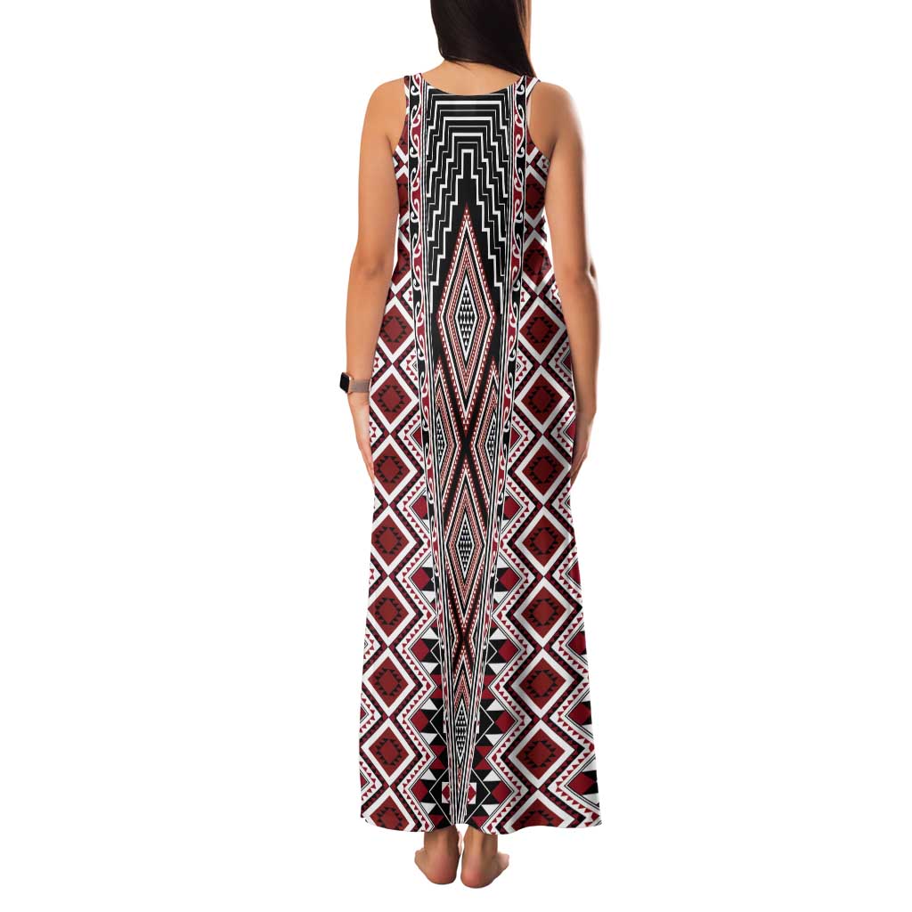 Red Aotearoa Tukutuku and Poutama Motif Tank Maxi Dress