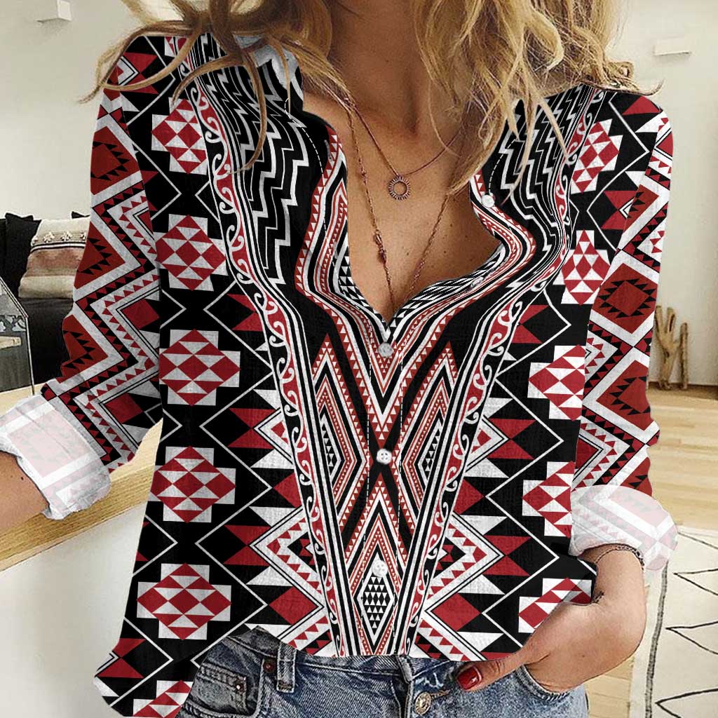 Red Aotearoa Tukutuku and Poutama Motif Women Casual Shirt LT03 Female Red - Polynesian Pride
