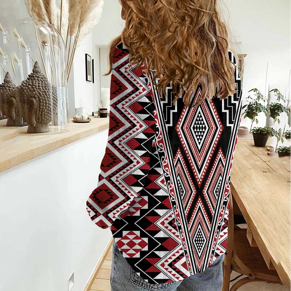 Red Aotearoa Tukutuku and Poutama Motif Women Casual Shirt LT03 - Polynesian Pride