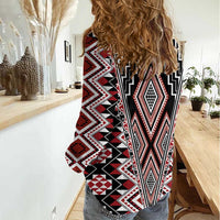 Red Aotearoa Tukutuku and Poutama Motif Women Casual Shirt LT03 - Polynesian Pride