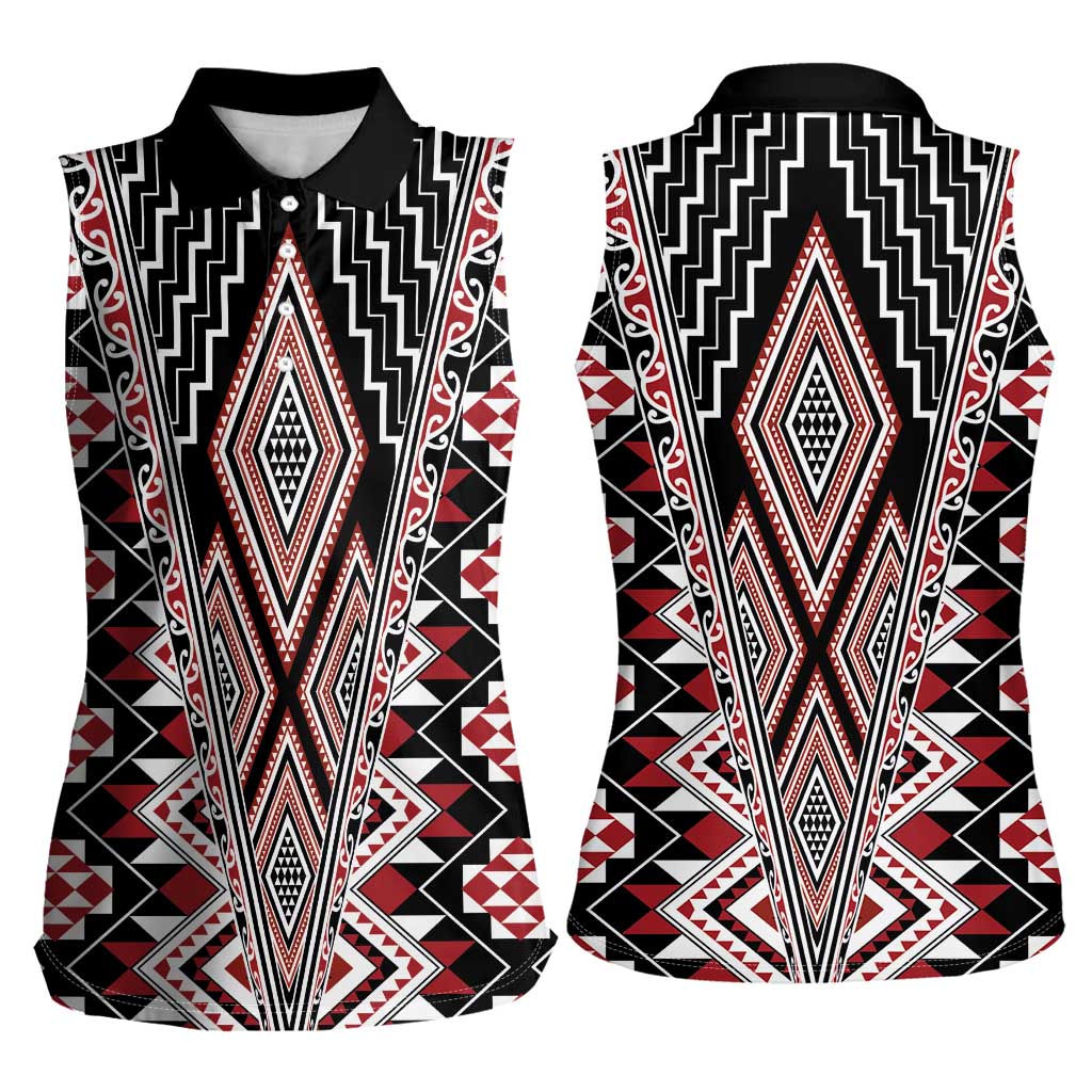 Red Aotearoa Tukutuku and Poutama Motif Women Sleeveless Polo Shirt LT03 - Polynesian Pride