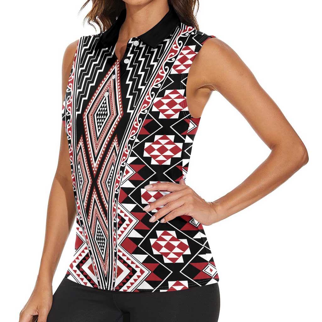 Red Aotearoa Tukutuku and Poutama Motif Women Sleeveless Polo Shirt LT03 - Polynesian Pride