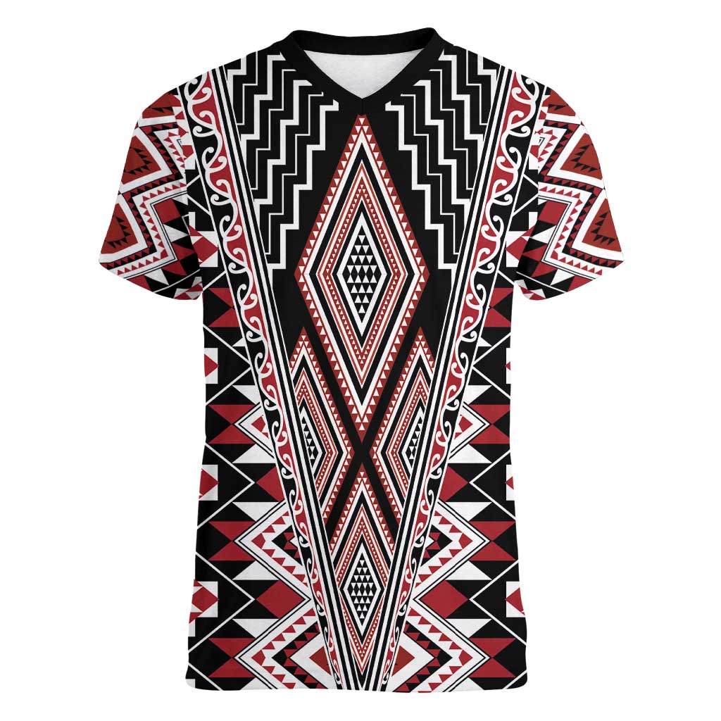 Red Aotearoa Tukutuku and Poutama Motif Women V-Neck T-Shirt LT03 Female Red - Polynesian Pride