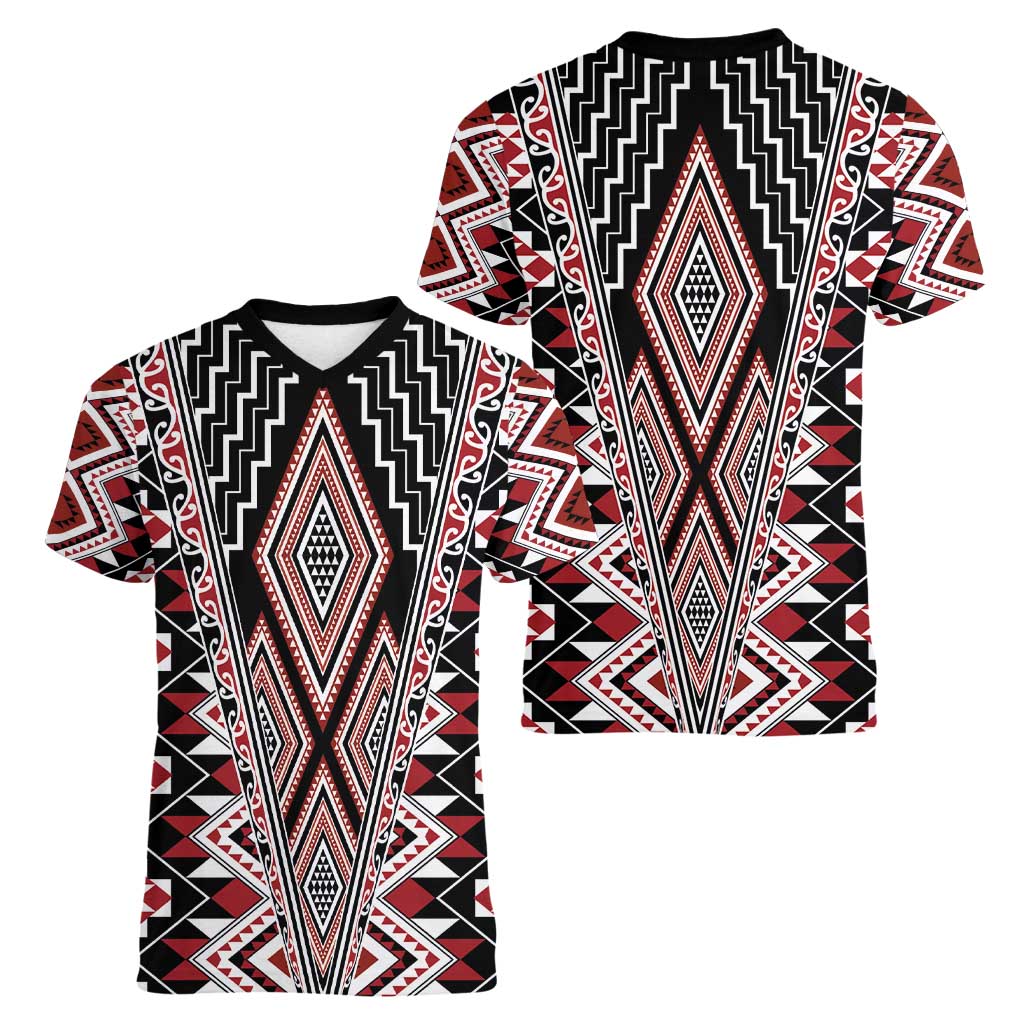 Red Aotearoa Tukutuku and Poutama Motif Women V-Neck T-Shirt LT03 - Polynesian Pride