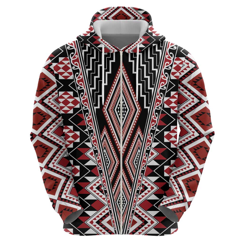 Red Aotearoa Tukutuku and Poutama Motif Zip Hoodie