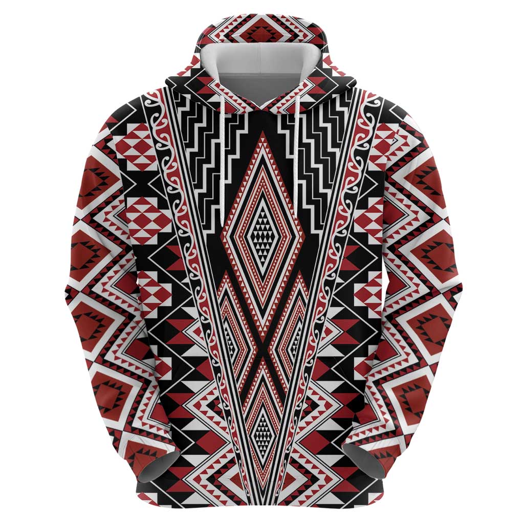 Red Aotearoa Tukutuku and Poutama Motif Zip Hoodie