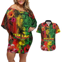 Hawaiian Reggae Couples Matching Off Shoulder Short Dress and Hawaiian Shirt Tropical Plants and Tribal Kakau Tattoo-One Love Jawaiian