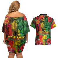 Hawaiian Reggae Couples Matching Off Shoulder Short Dress and Hawaiian Shirt Tropical Plants and Tribal Kakau Tattoo-One Love Jawaiian