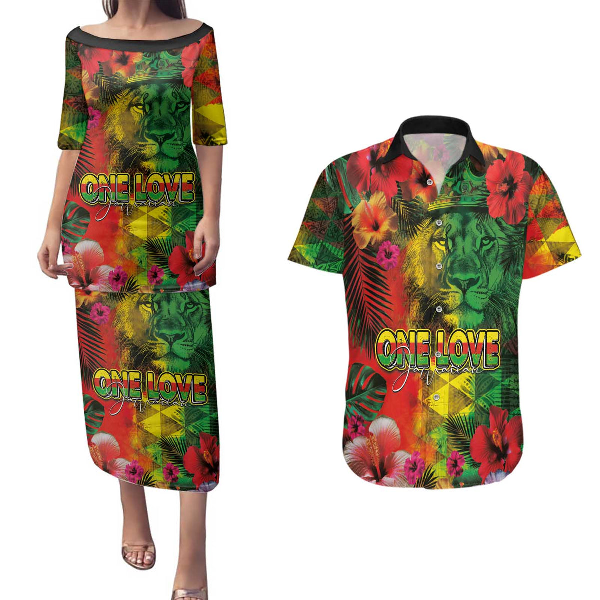 Hawaiian Reggae Couples Matching Puletasi and Hawaiian Shirt Tropical Plants and Tribal Kakau Tattoo-One Love Jawaiian