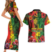 Hawaiian Reggae Couples Matching Short Sleeve Bodycon Dress and Hawaiian Shirt Tropical Plants and Tribal Kakau Tattoo-One Love Jawaiian