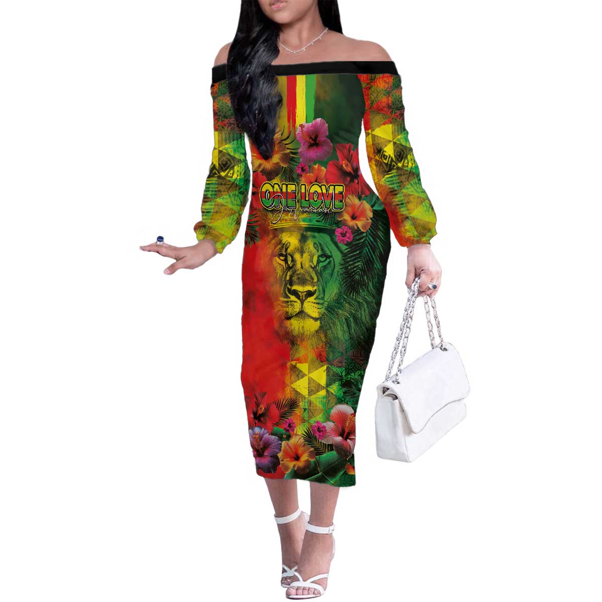 Hawaiian Reggae Family Matching Off The Shoulder Long Sleeve Dress and Hawaiian Shirt Tropical Plants and Tribal Kakau Tattoo-One Love Jawaiian