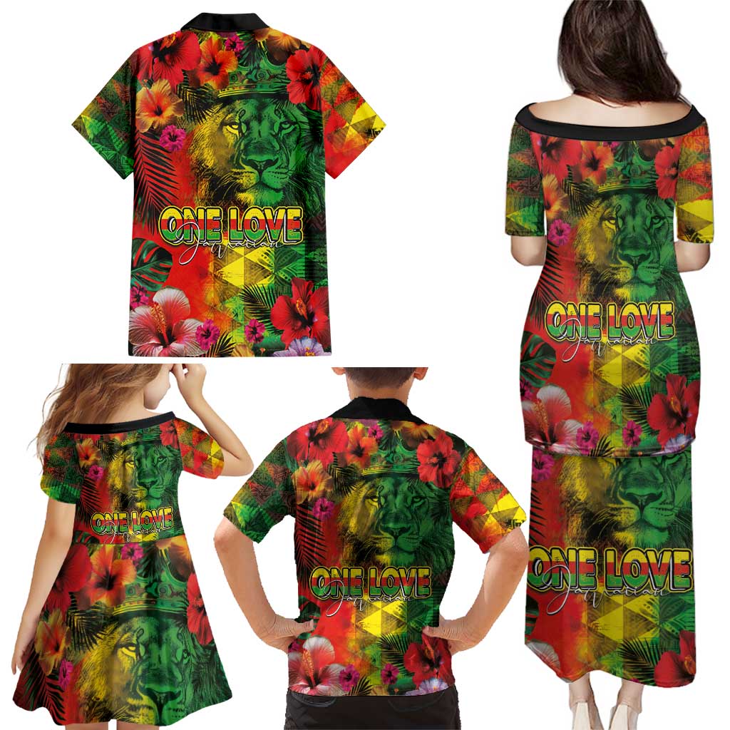 Hawaiian Reggae Family Matching Puletasi and Hawaiian Shirt Tropical Plants and Tribal Kakau Tattoo-One Love Jawaiian