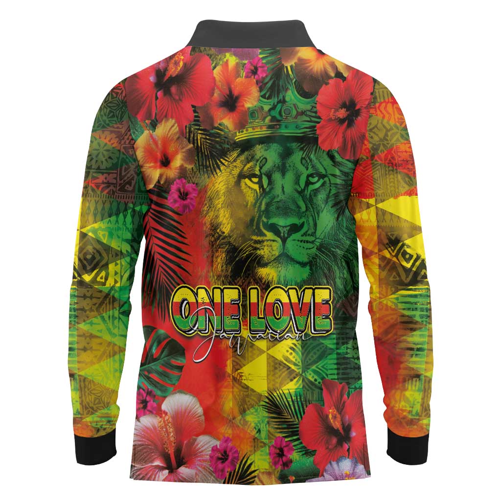 Hawaiian Reggae Long Sleeve Polo Shirt Tropical Plants and Tribal Kakau Tattoo-One Love Jawaiian