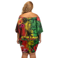 Hawaiian Reggae Off Shoulder Short Dress Tropical Plants and Tribal Kakau Tattoo-One Love Jawaiian