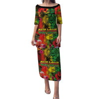 Hawaiian Reggae Puletasi Tropical Plants and Tribal Kakau Tattoo-One Love Jawaiian LT03 Long Dress Reggae - Polynesian Pride