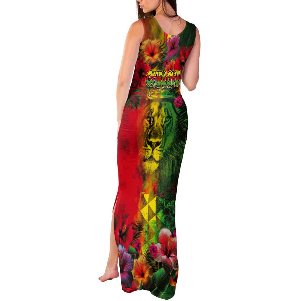 Hawaiian Reggae Tank Maxi Dress Tropical Plants and Tribal Kakau Tattoo-One Love Jawaiian