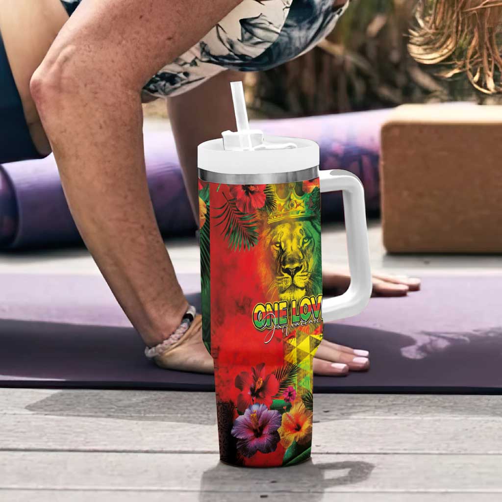 Hawaiian Reggae Tumbler With Handle Tropical Plants and Tribal Kakau Tattoo-One Love Jawaiian