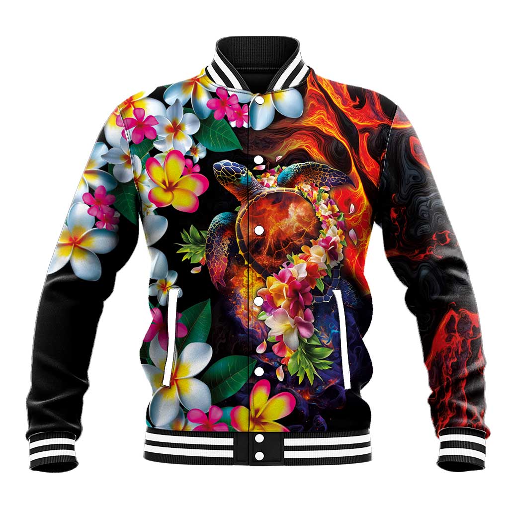 Hawaiian Lei Day Baseball Jacket Colorful Plumeria and Volcanic Turtle with Abstract Lava Texture LT03 Unisex Black - Polynesian Pride