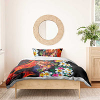 Hawaiian Lei Day Bedding Set Colorful Plumeria and Volcanic Turtle with Abstract Lava Texture