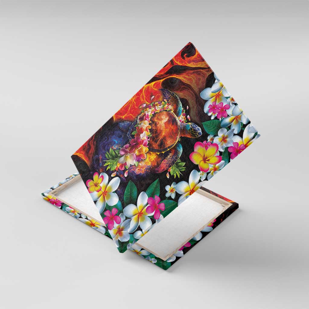 Hawaiian Lei Day Canvas Wall Art Colorful Plumeria and Volcanic Turtle with Abstract Lava Texture
