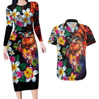 Hawaiian Lei Day Couples Matching Long Sleeve Bodycon Dress and Hawaiian Shirt Colorful Plumeria and Volcanic Turtle with Abstract Lava Texture