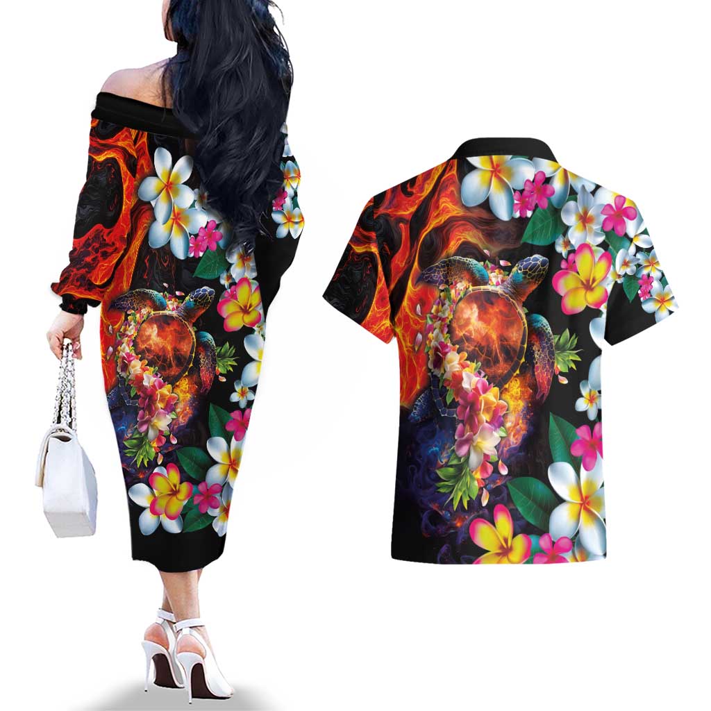 Hawaiian Lei Day Couples Matching Off The Shoulder Long Sleeve Dress and Hawaiian Shirt Colorful Plumeria and Volcanic Turtle with Abstract Lava Texture