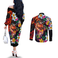 Hawaiian Lei Day Couples Matching Off The Shoulder Long Sleeve Dress and Long Sleeve Button Shirt Colorful Plumeria and Volcanic Turtle with Abstract Lava Texture