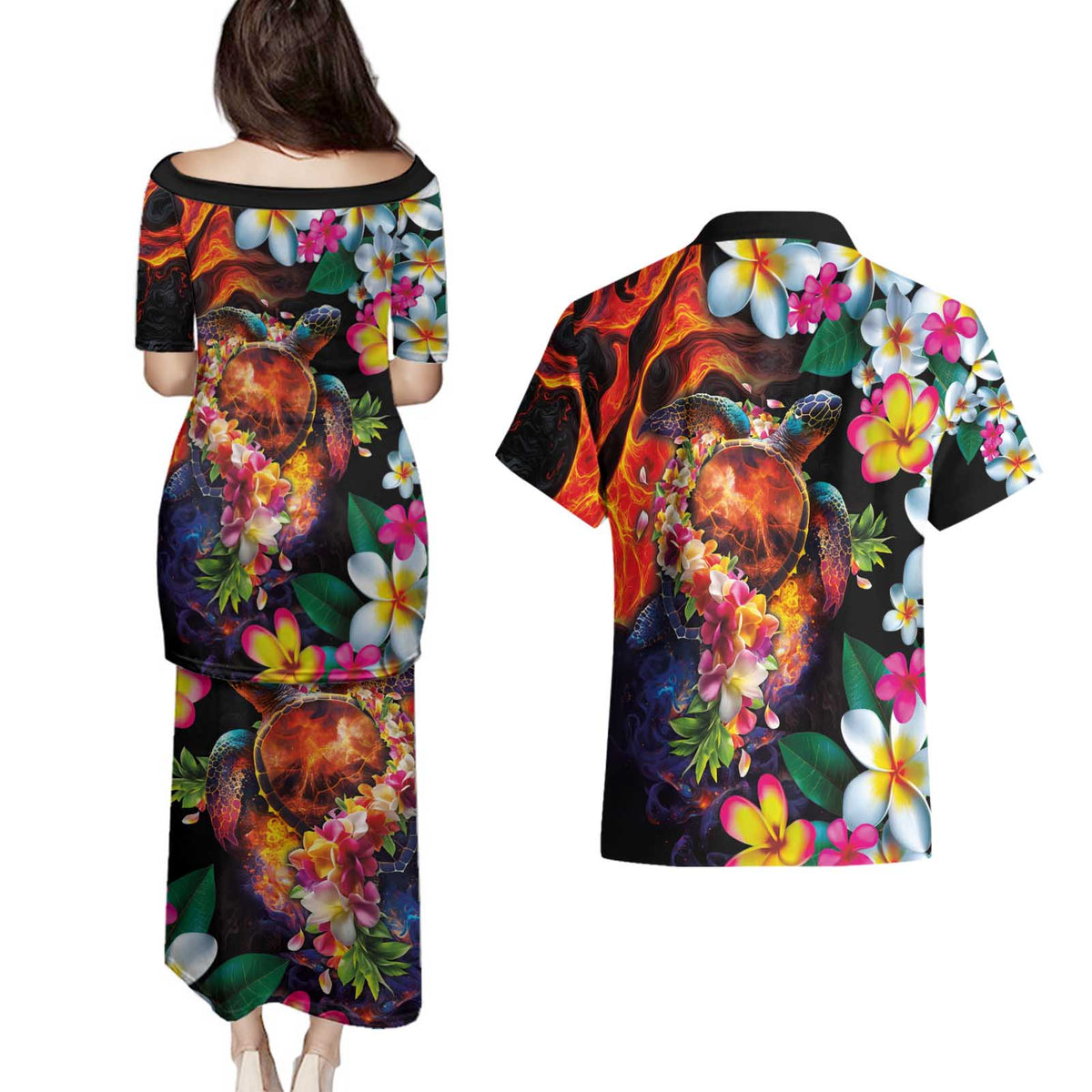 Hawaiian Lei Day Couples Matching Puletasi and Hawaiian Shirt Colorful Plumeria and Volcanic Turtle with Abstract Lava Texture LT03 - Polynesian Pride